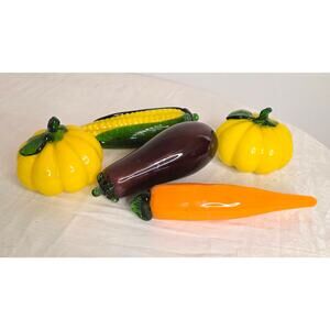 Set of 5 Vintage Decorative Glass Veggies 2 Tomatoes Corn on Cob Eggplant Carrot